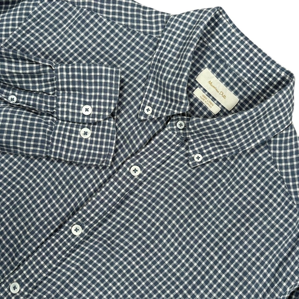 Massimo Dutti 100% Linen Button Down Shirt Mens L Navy Blue Gingham Long Sleeve